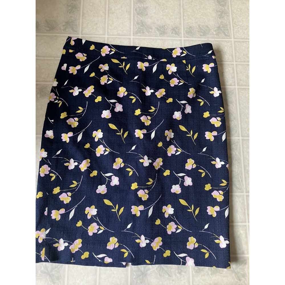 BODEN 10 Regular Navy woven cotton PENCIL SKIRT Pink cherry blossom print Lined
